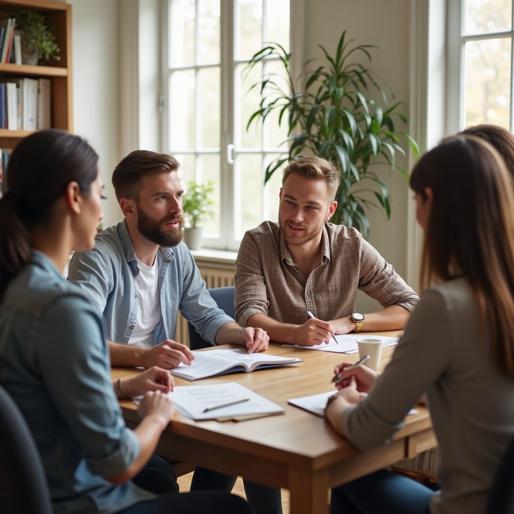 Four colleagues in a bright office meeting around a table with papers and notebooks
