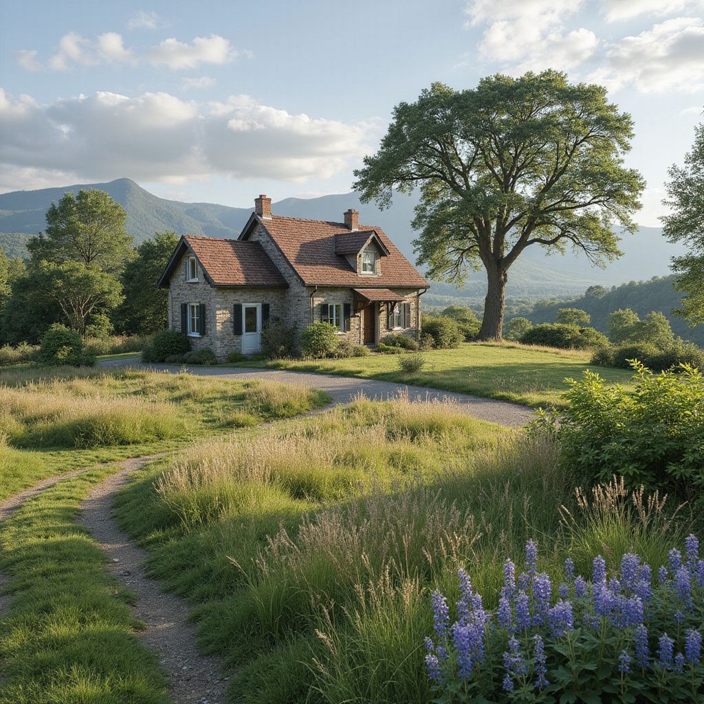Stone cottage with red roof in a wildflower meadow, trees and mountains under a cloudy sky