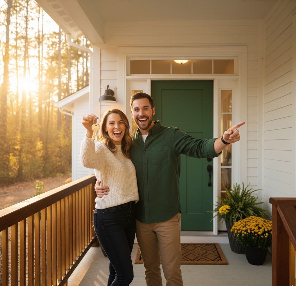 Two people smiling on a porch, pointing outward at sunset with a green front door behind them.