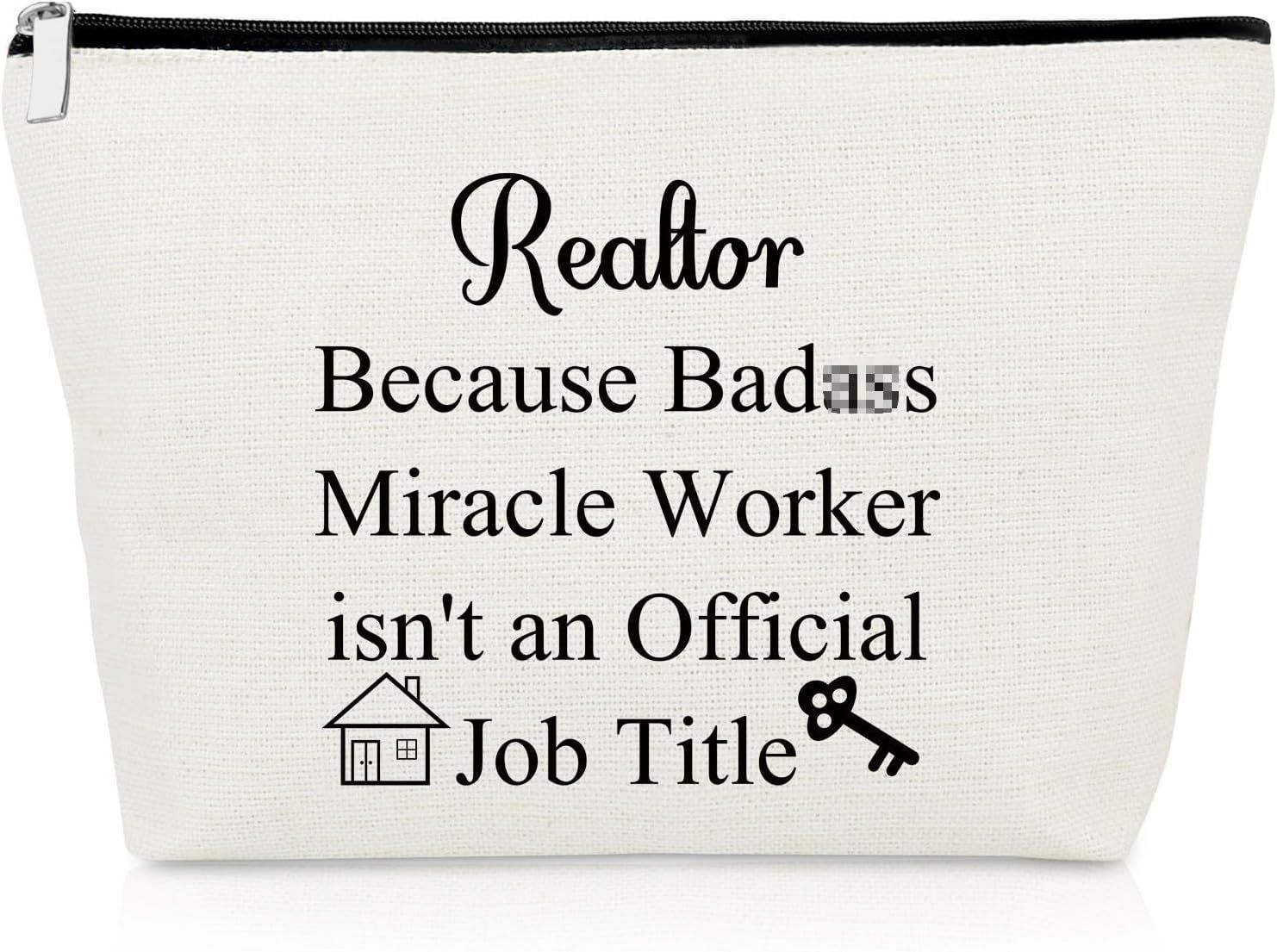 White zippered pouch with a pink house logo and the words “Realtor Survival Kit”