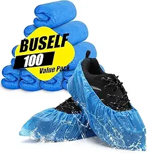 Blue disposable shoe covers in a 100-pack with black shoes partially covered by blue covers