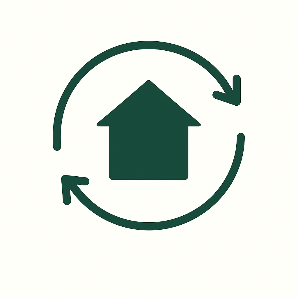 Green house icon with circular arrows around it, suggesting home refresh or reset.
