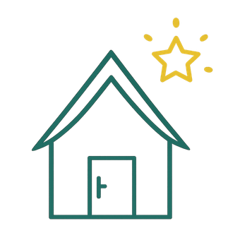 Teal outline of a house with a yellow star above it on a white background