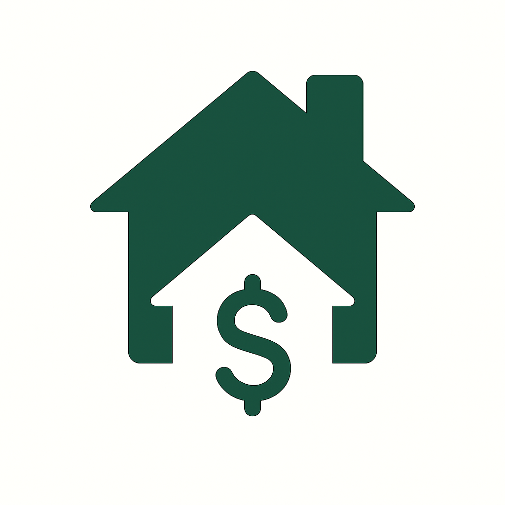 Green house icon with a dollar sign, symbolizing home finance or mortgage loans