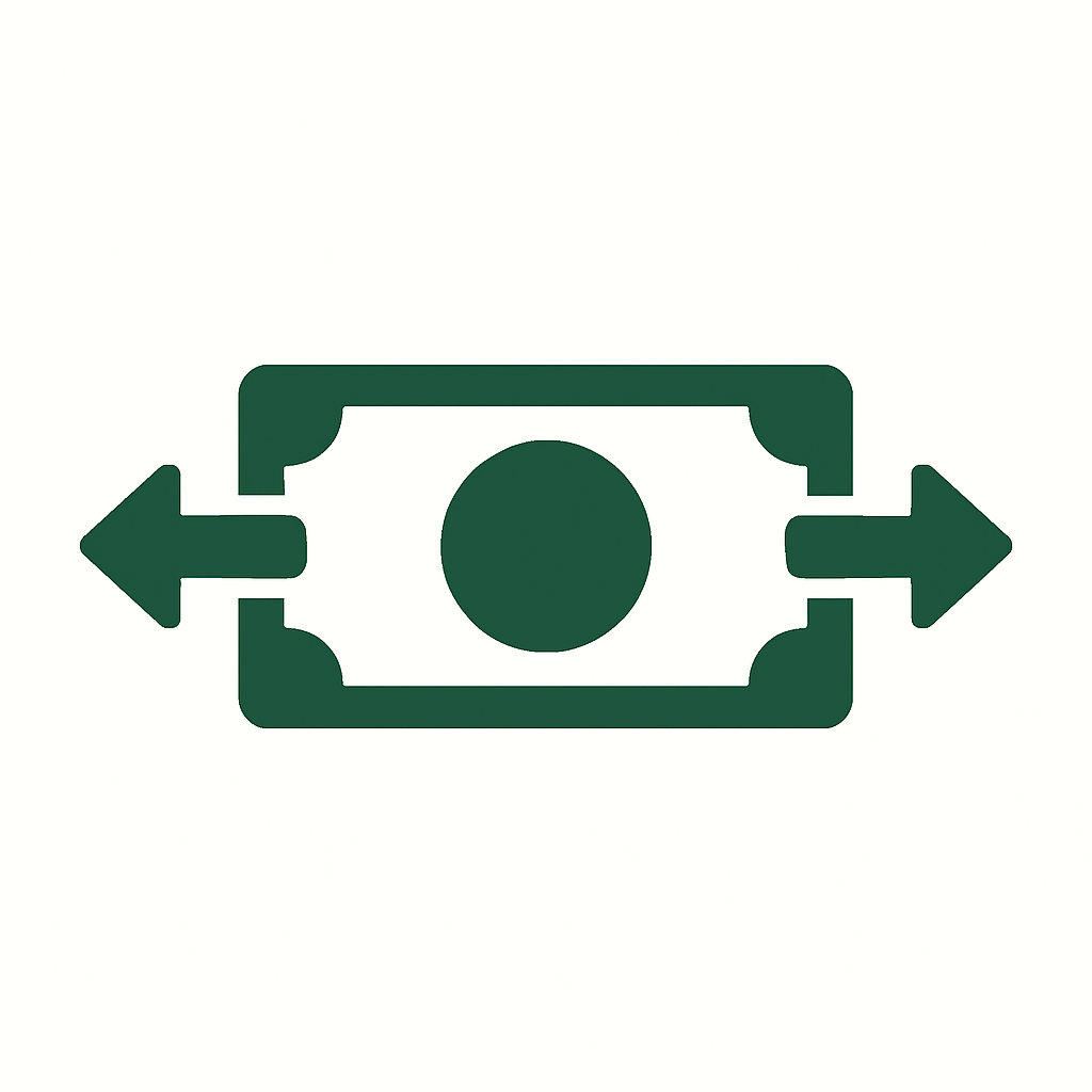 Green cash icon with arrows pointing left and right and a central circle on white background