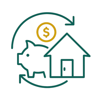 Piggy bank and house outline with circular arrow and dollar coin icon, symbolizing savings for a home