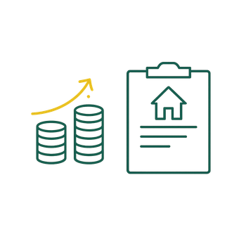Coins rising toward a clipboard with a house icon and lines