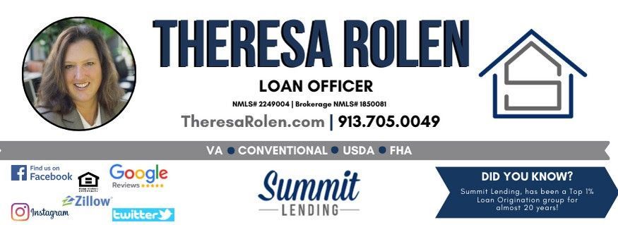 Theresa Rolen loan officer banner with headshot, house icon, phone number, and company logos