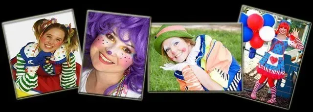 A collage of four pictures of a woman dressed as a clown