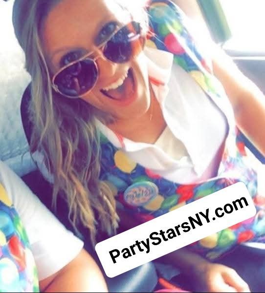 A woman wearing sunglasses and a vest that says partystarsny.com