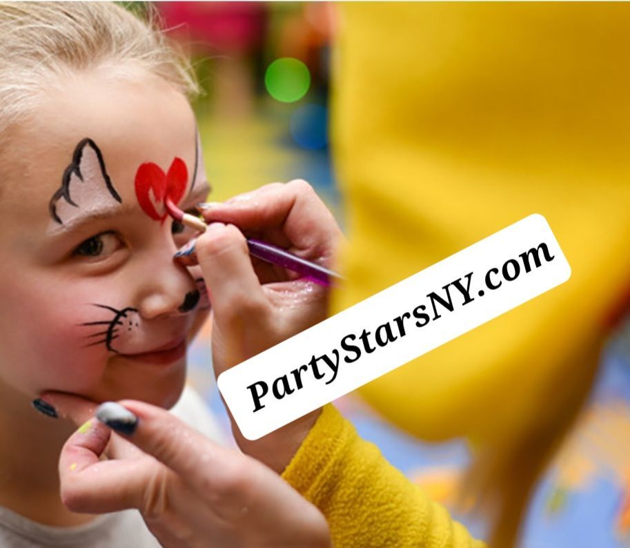 A little girl is getting her face painted by partystarsny.com
