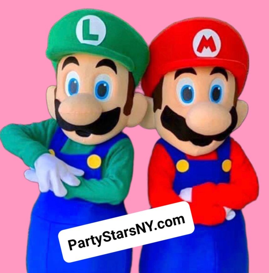 Two mario mascots standing next to each other on a pink background
