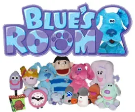 A group of stuffed animals are standing in front of the blue 's room logo.
