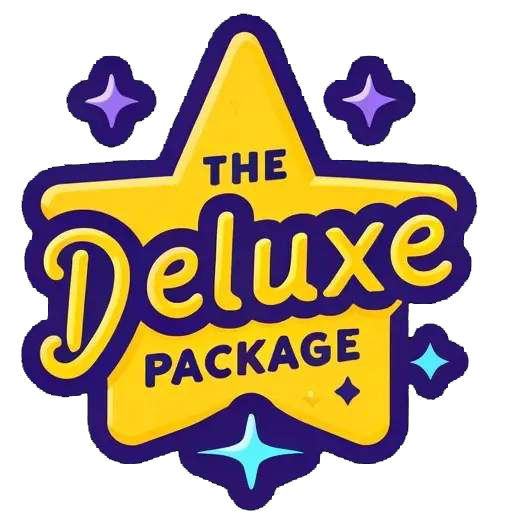 A yellow and purple logo for the deluxe package