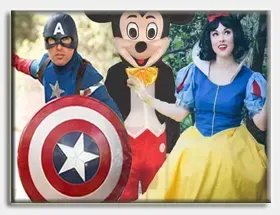 A man dressed as captain america , mickey mouse and snow white are standing next to each other.