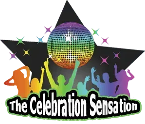 A logo for the celebration sensation with a disco ball
