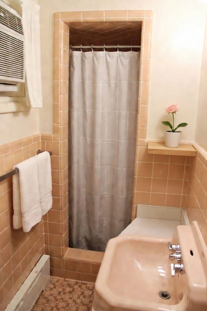 Small bathroom with tiled shower, beige curtain, sink, towel, and potted flower on the ledge