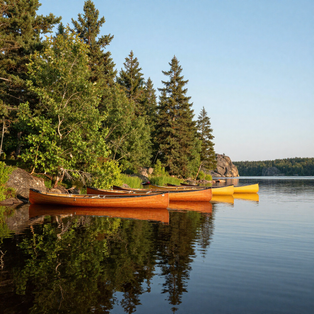 Canoes tied along a calm forested lakeshore at sunset, with reflections on the water