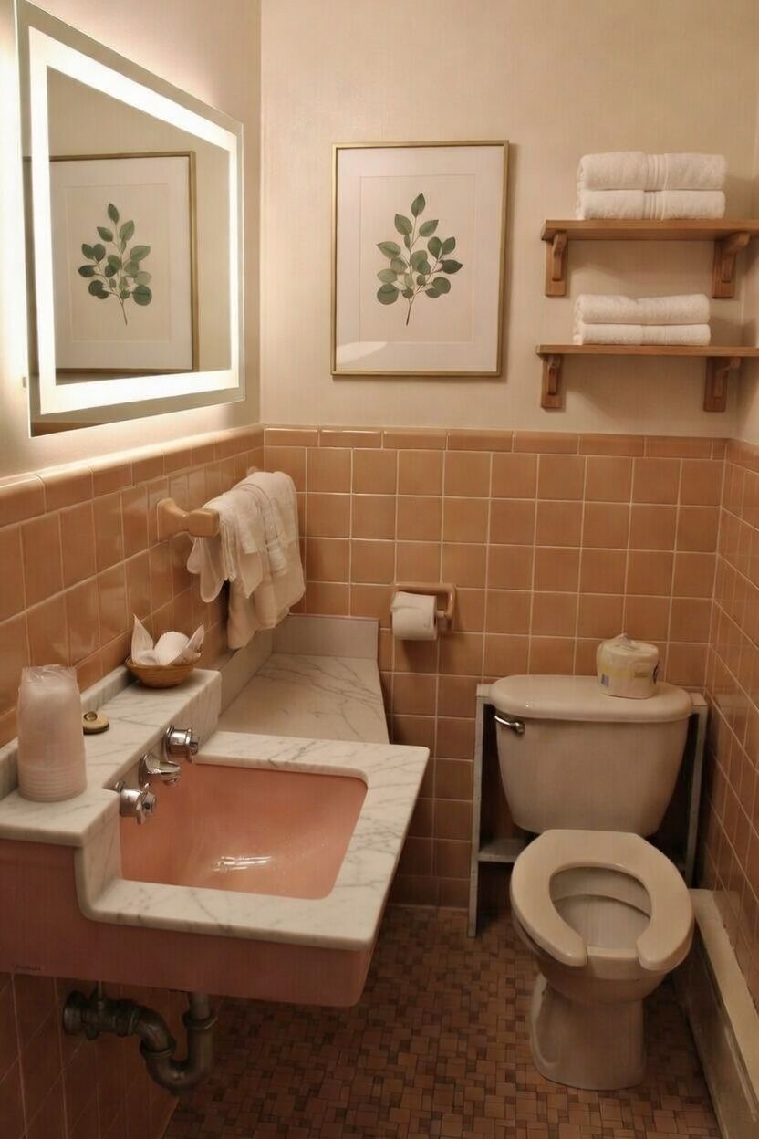 Small peach-tiled bathroom with sink, toilet, mirror, framed art, and wall shelf with towels.
