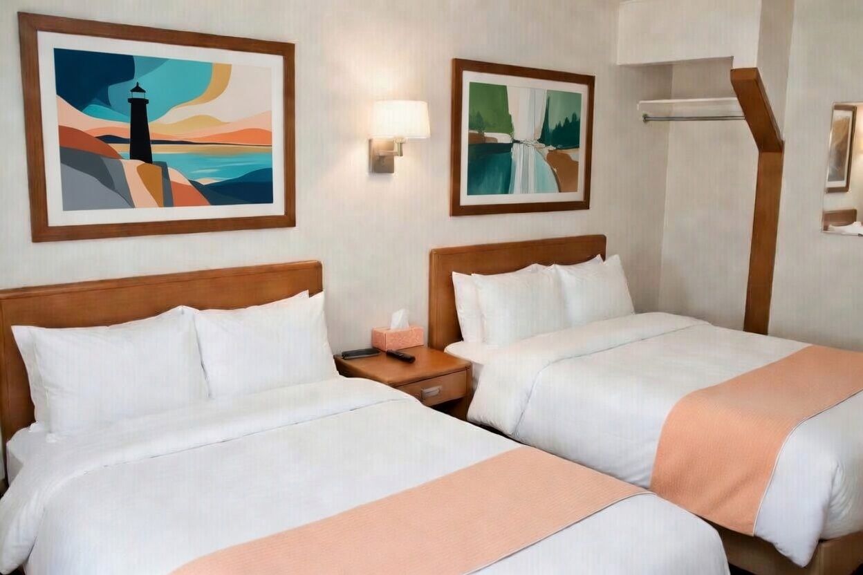 Hotel room with two white beds, peach accents, wall art, and a small bedside table with lamp