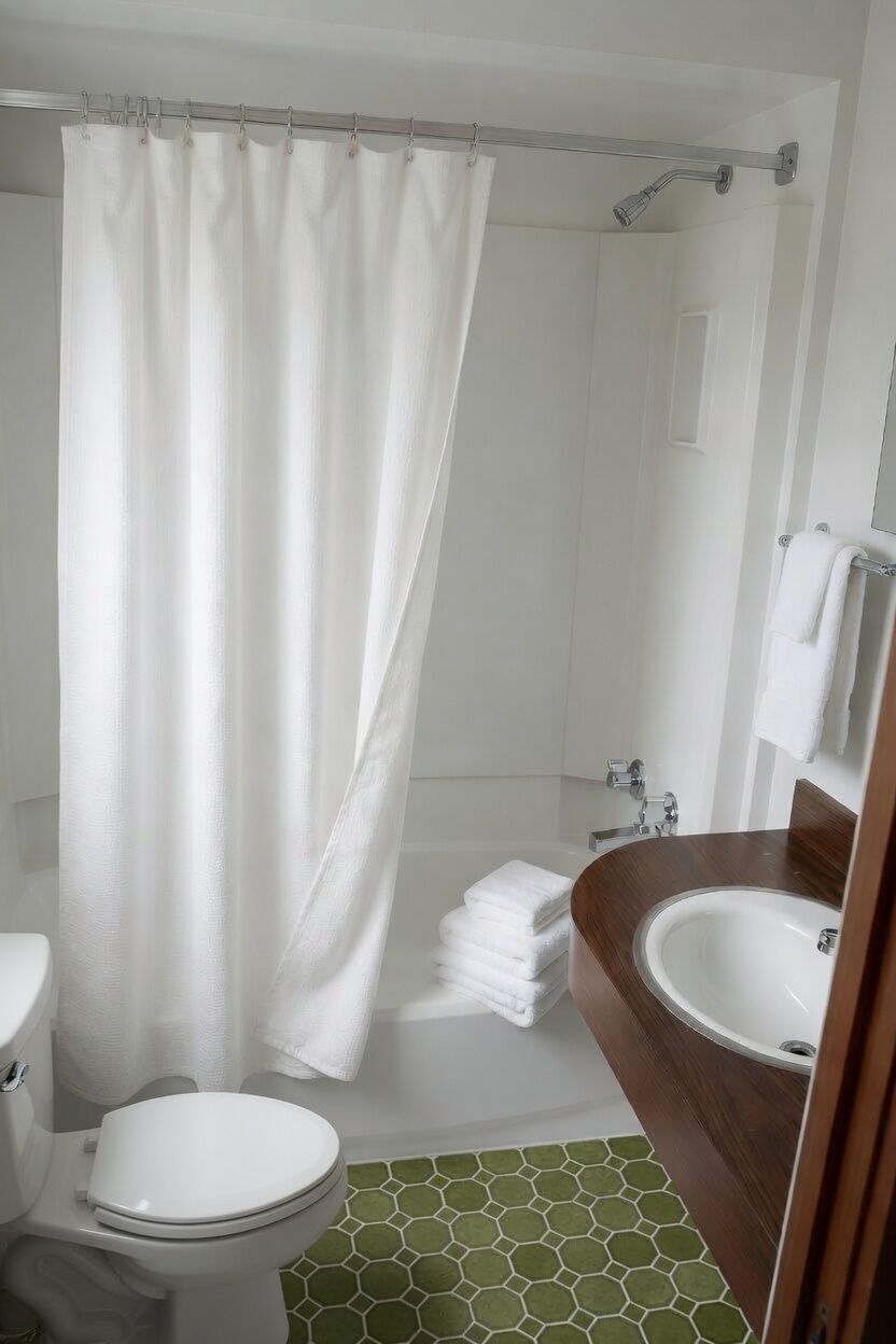 Small bathroom with white shower curtain, toilet, sink, and green patterned tile floor.