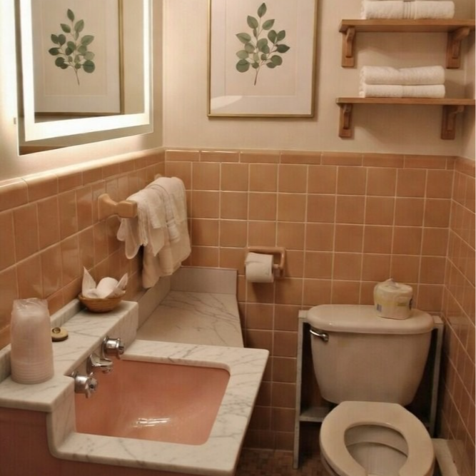Small pink-and-white bathroom with sink, toilet, towel rack, and framed leaf prints.