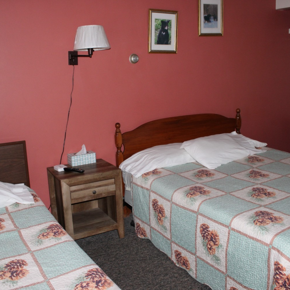 A bedroom with two twin beds, a wooden nightstand, and red walls with framed pictures.