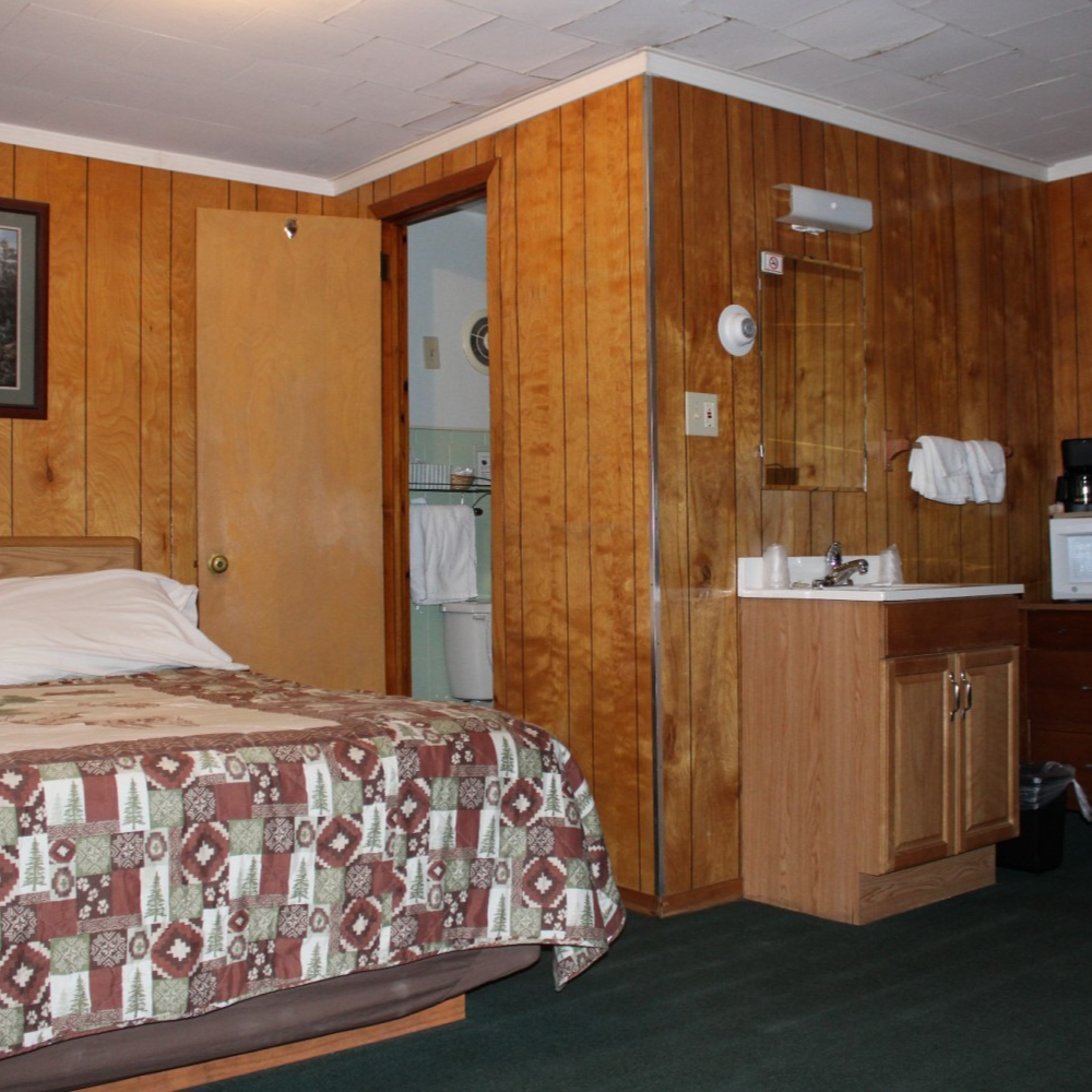 Motel room with wood-paneled walls, bed, open bathroom door, and sink area