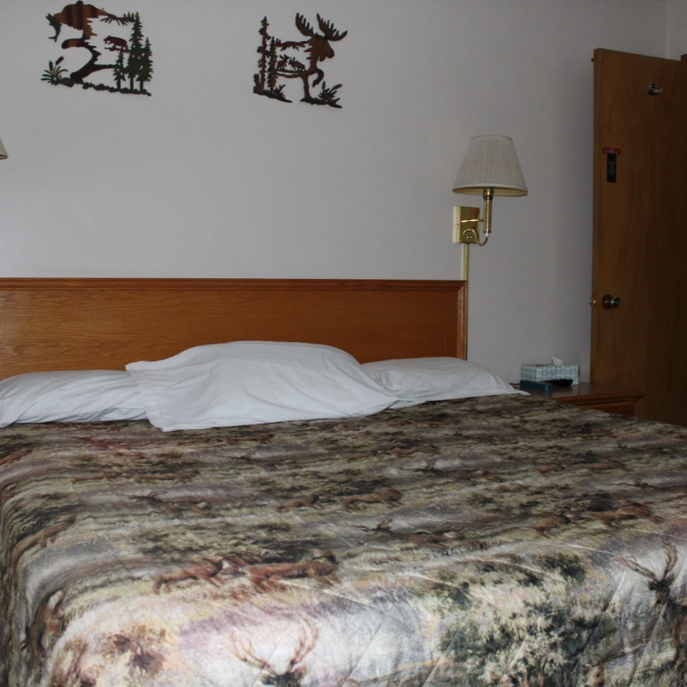 Motel room with unmade bed, wooden headboard, wall art, lamp, and door.