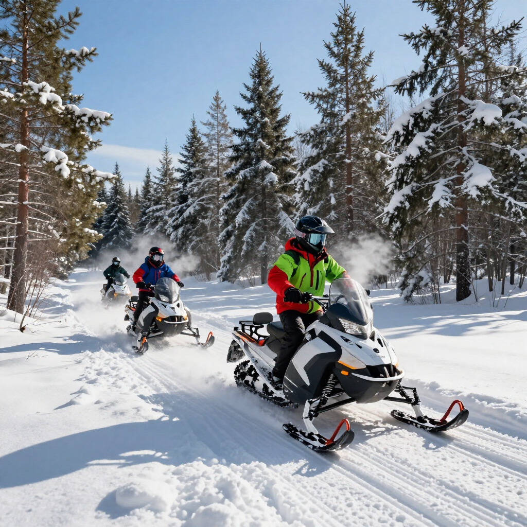 Snowmobilers racing through a snowy pine forest, with one rider in a neon jacket leading.