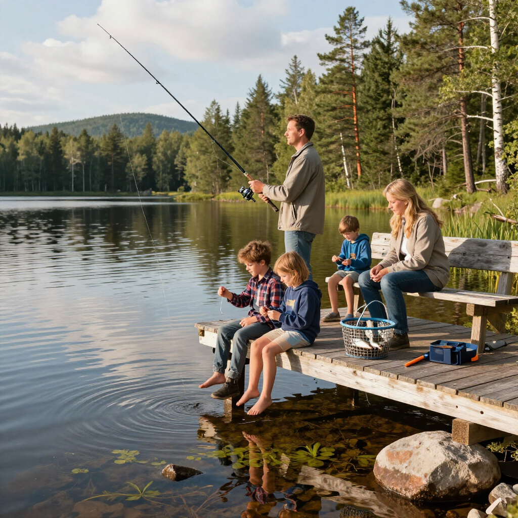 Family fishing from a wooden dock on a calm lakeshore with pine trees and mountains in the background