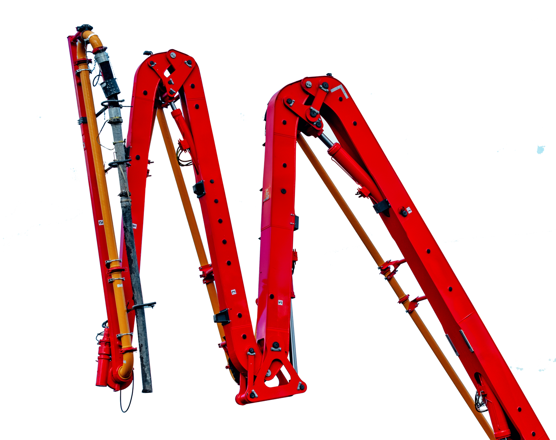 Red construction excavator boom sections folded against a white background.