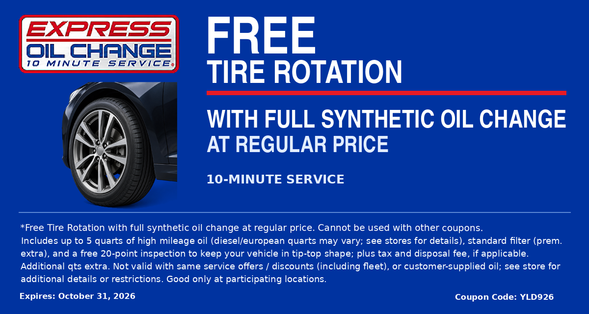 Express Oil Change ad for free tire rotation with full synthetic oil change, blue background, wheel image and text
