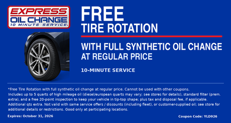 Express Oil Change ad for free tire rotation with full synthetic oil change, blue background, wheel image and text