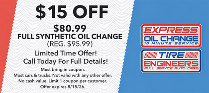 $15 off synthetic oil change ad with Express Oil Change & Tire Engineers logos on blue background