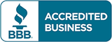 The bbb logo is blue and white and says accredited business.