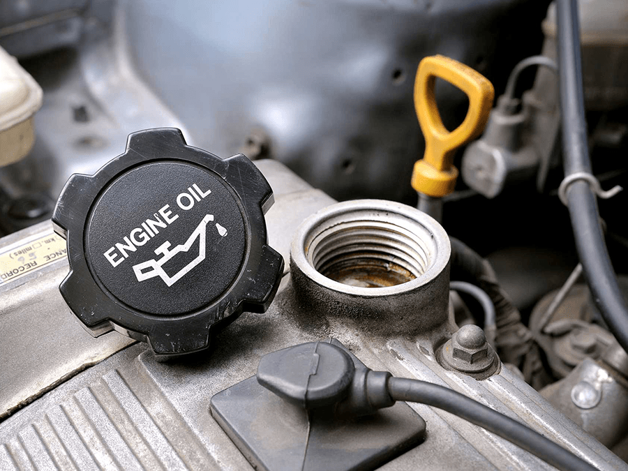 A close up of an engine oil cap on a car engine.
