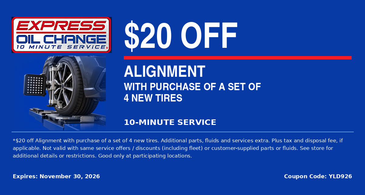 Express Oil Change ad: $20 off alignment with purchase of 4 new tires, blue background and tire image