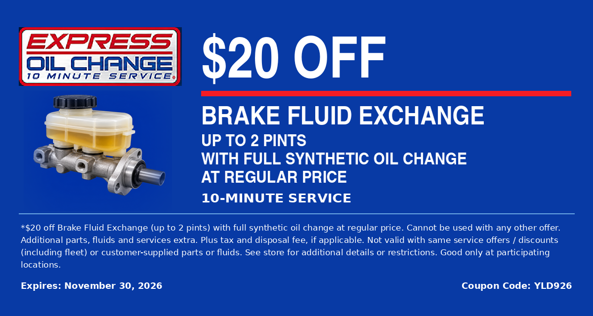 Blue auto service ad offering $20 off brake fluid exchange at Express Oil Change