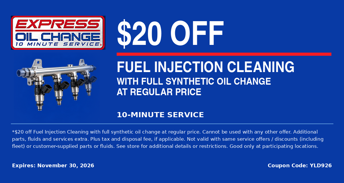 Blue Express Oil Change promo offering $20 off fuel injection cleaning with synthetic oil change service