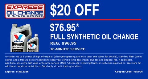 $15 off synthetic oil change ad with Express Oil Change & Tire Engineers logos on blue background