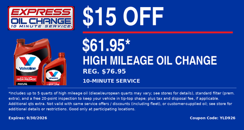 Blue oil-change coupon ad with $15 off $64.99 high-mileage oil change at Express Oil Change & Tire Engineers.