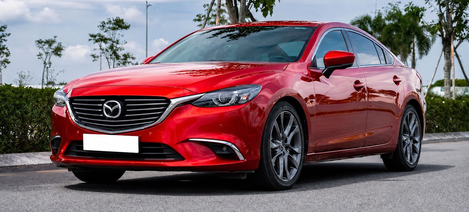 Red sedan parked on a road, front view, with trees and cloudy sky in the background