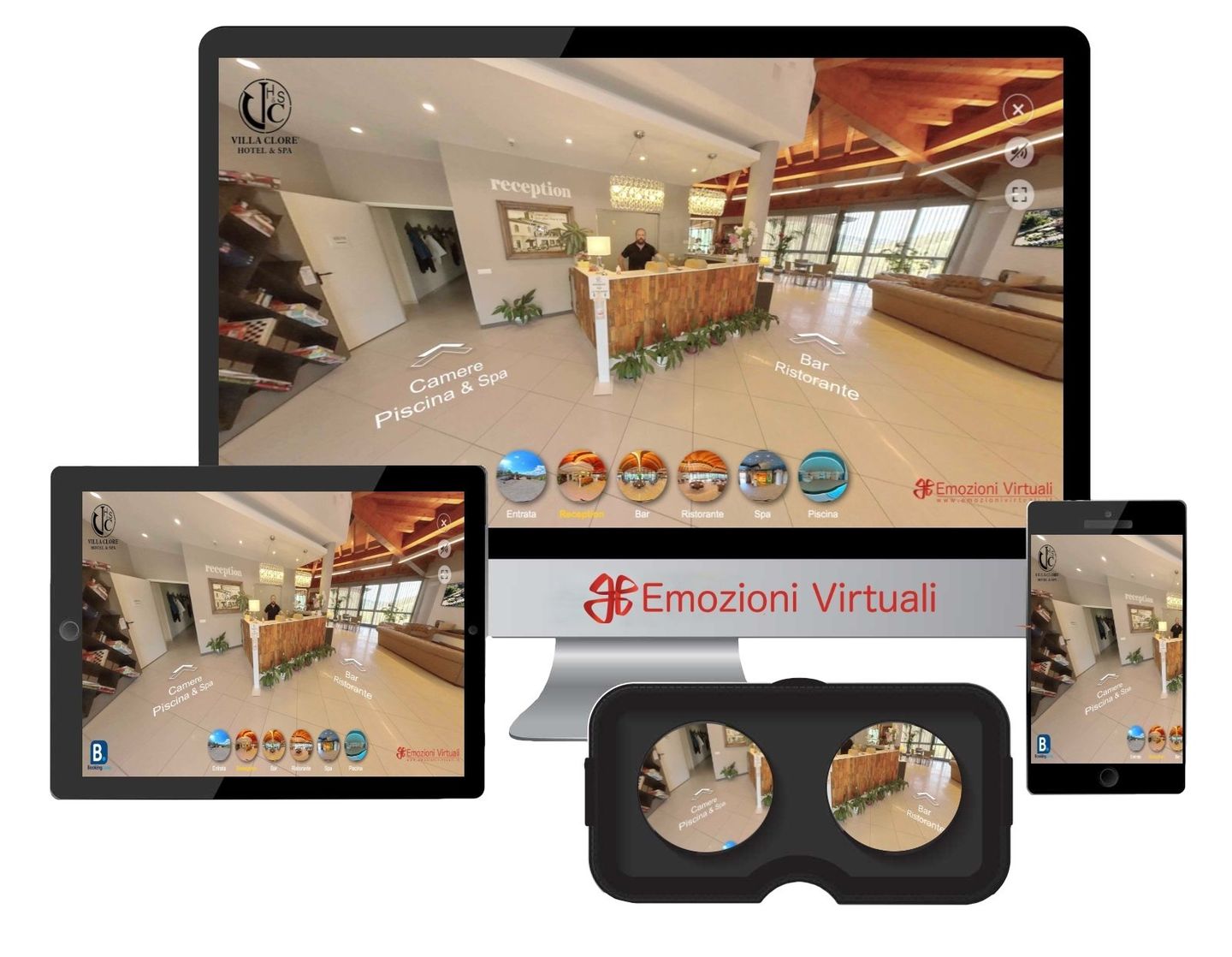Esempio di Virtual Tour sui vari dispositivi, computer, tablet, smartphone e Visore VR, videomaker