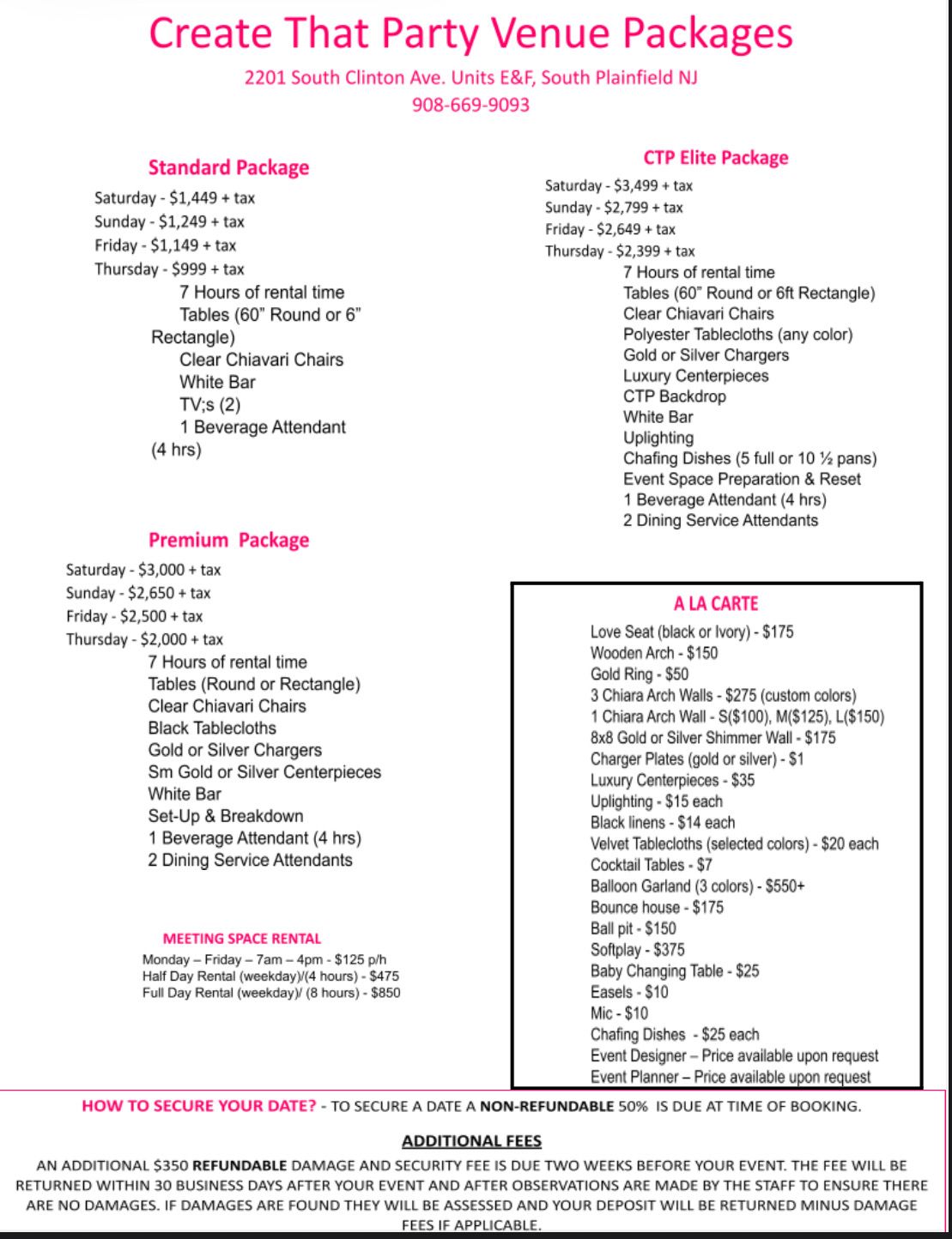 A pink and white flyer with a list of party packages