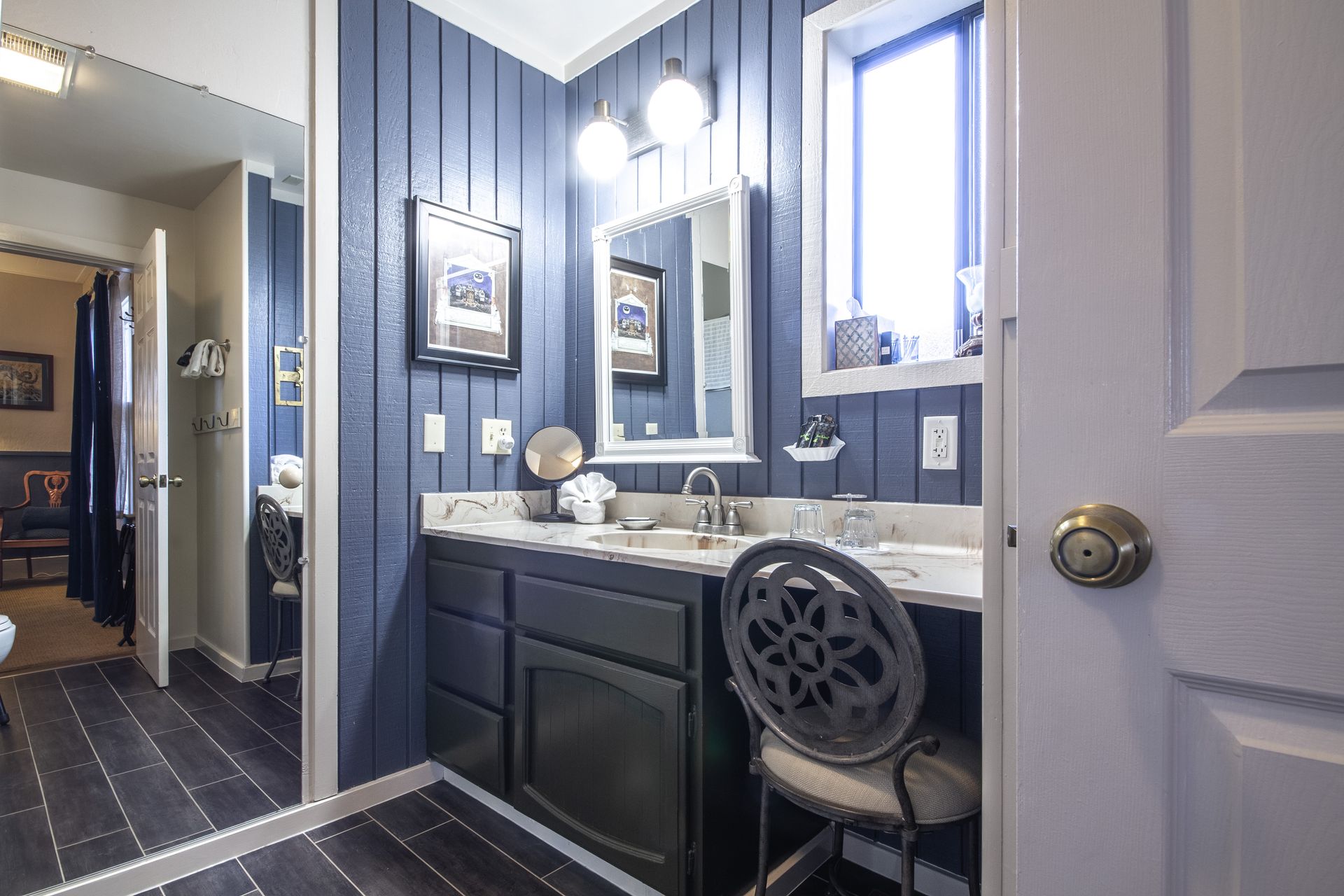 The Elizabethan Room showing the bathroom vanity area.
