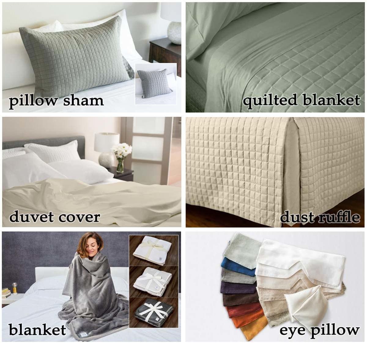 A collage of different types of bedding including a pillow sham quilted blanket duvet cover blanket and eye pillow.
