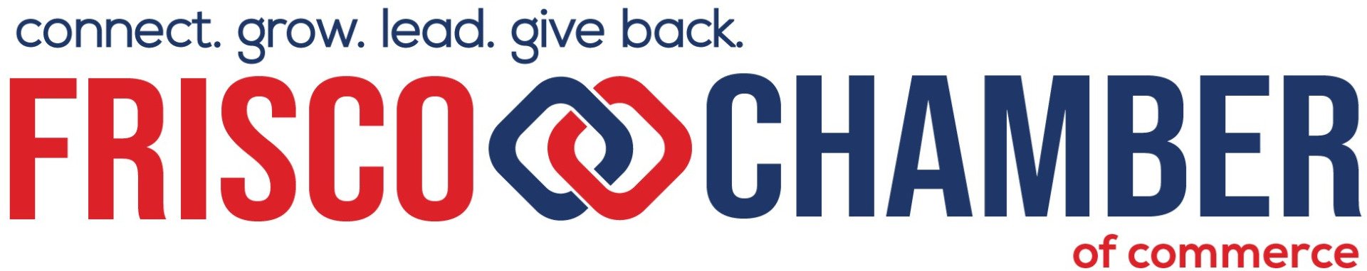 Logo for Frisco Chamber of Commerce with red and blue lettering and linked squares icon.