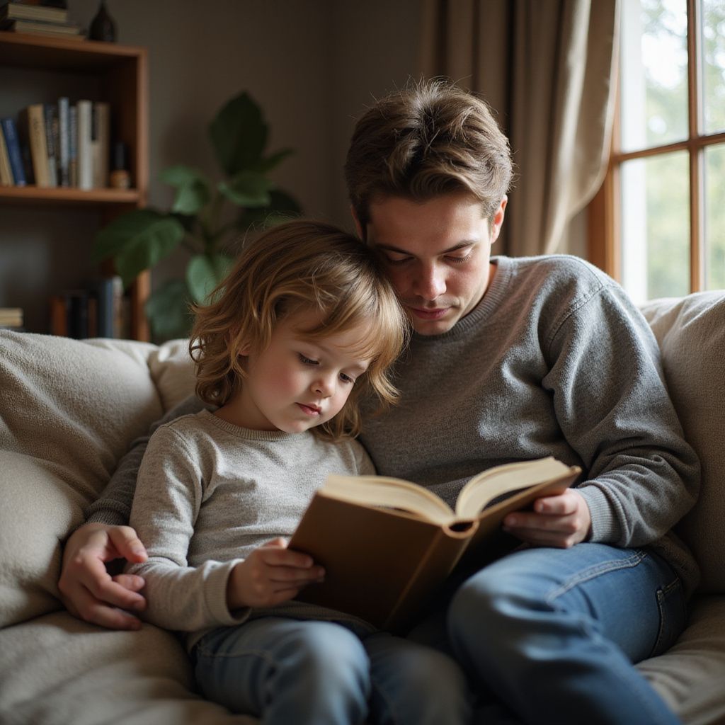 Een volwassene en een kind zitten samen op een bank en lezen geconcentreerd een boek in hun handen in een knusse, schemerige kamer.
