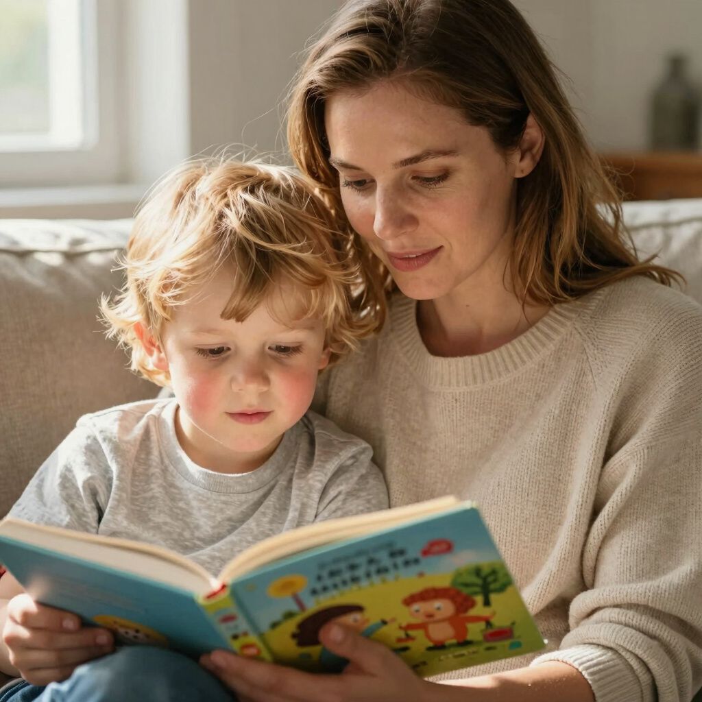 Iemand leest een kleurrijk prentenboek hardop voor aan een jong kind, terwijl ze op de bank zitten.